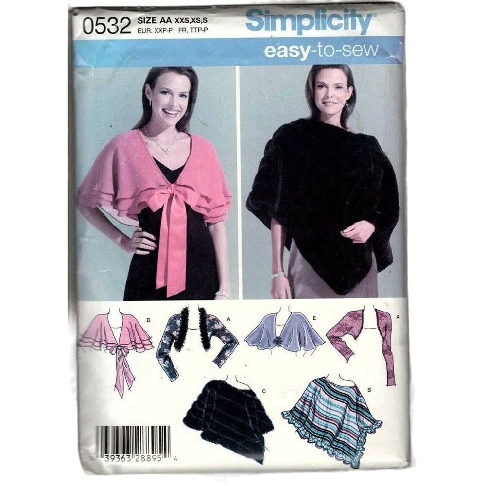Simplicity 0532 Misses XXS to S Easy to Sew Capelet, Poncho and Shrug UNCUT